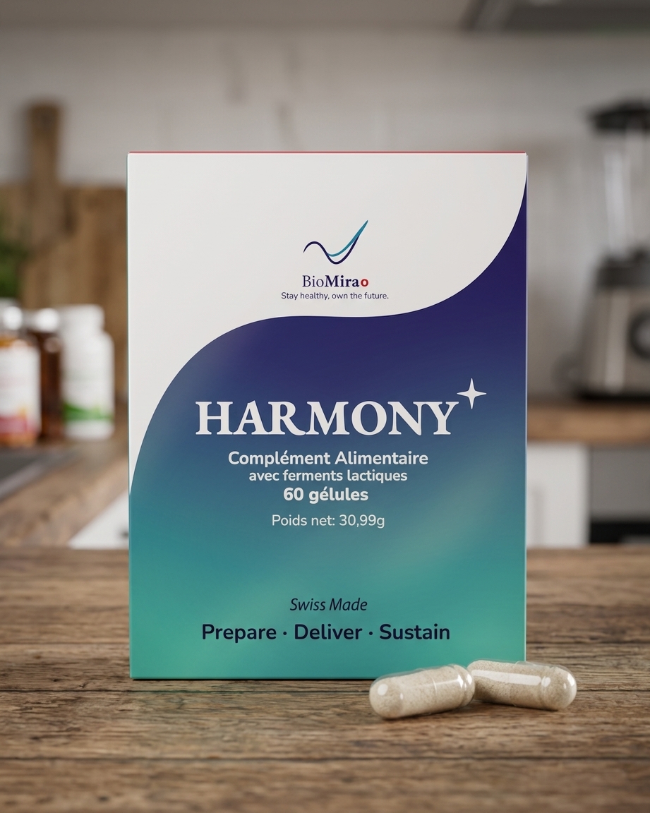 Boîte Harmony sur un plan de travail, avec les gélules
